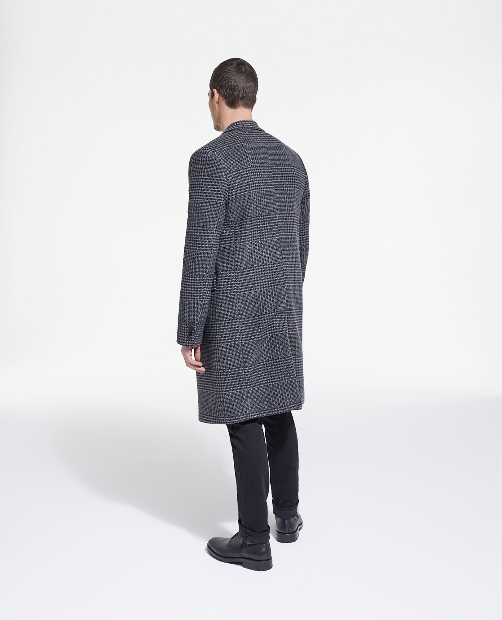 Long Wool Coat With Check Motif | Men | Dark Grey