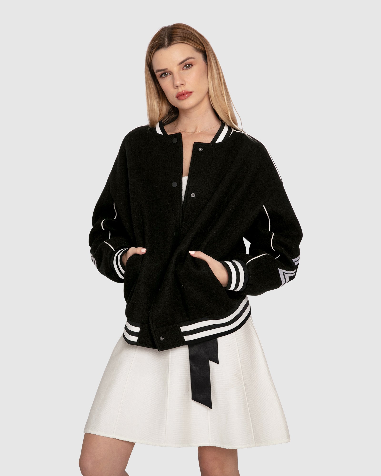 Women | Hold Me Close Letterman Bomber | Black
