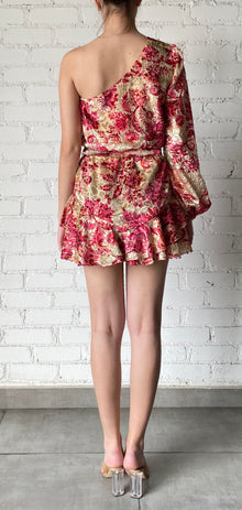 Hemant & Nandita | Aafa One-Shoulder Long-Sleeve Short Dress | Red/Beige