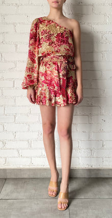Hemant & Nandita | Aafa One-Shoulder Long-Sleeve Short Dress | Red/Beige