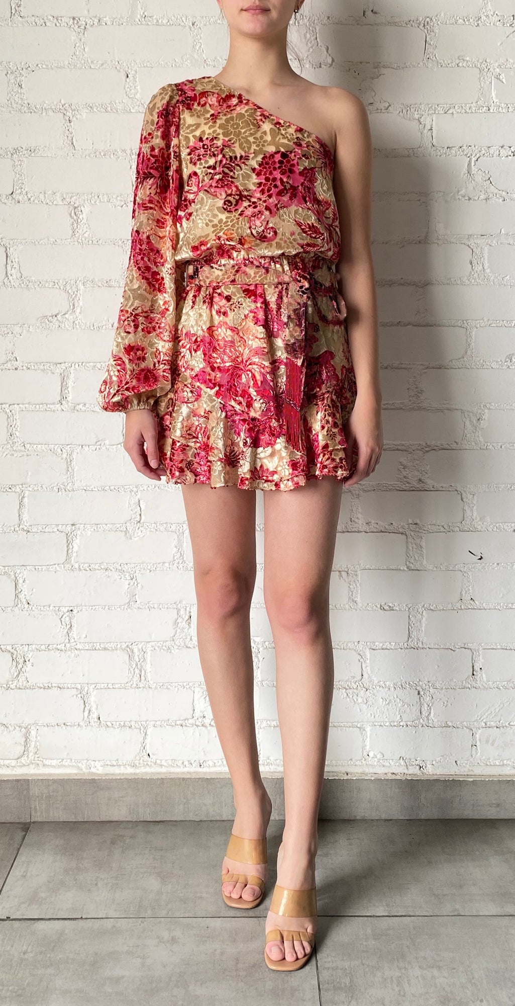 Hemant & Nandita | Aafa One-Shoulder Long-Sleeve Short Dress | Red/Beige