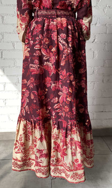 Womens | Aafa Linen Cotton Long Skirt | Red/Beige