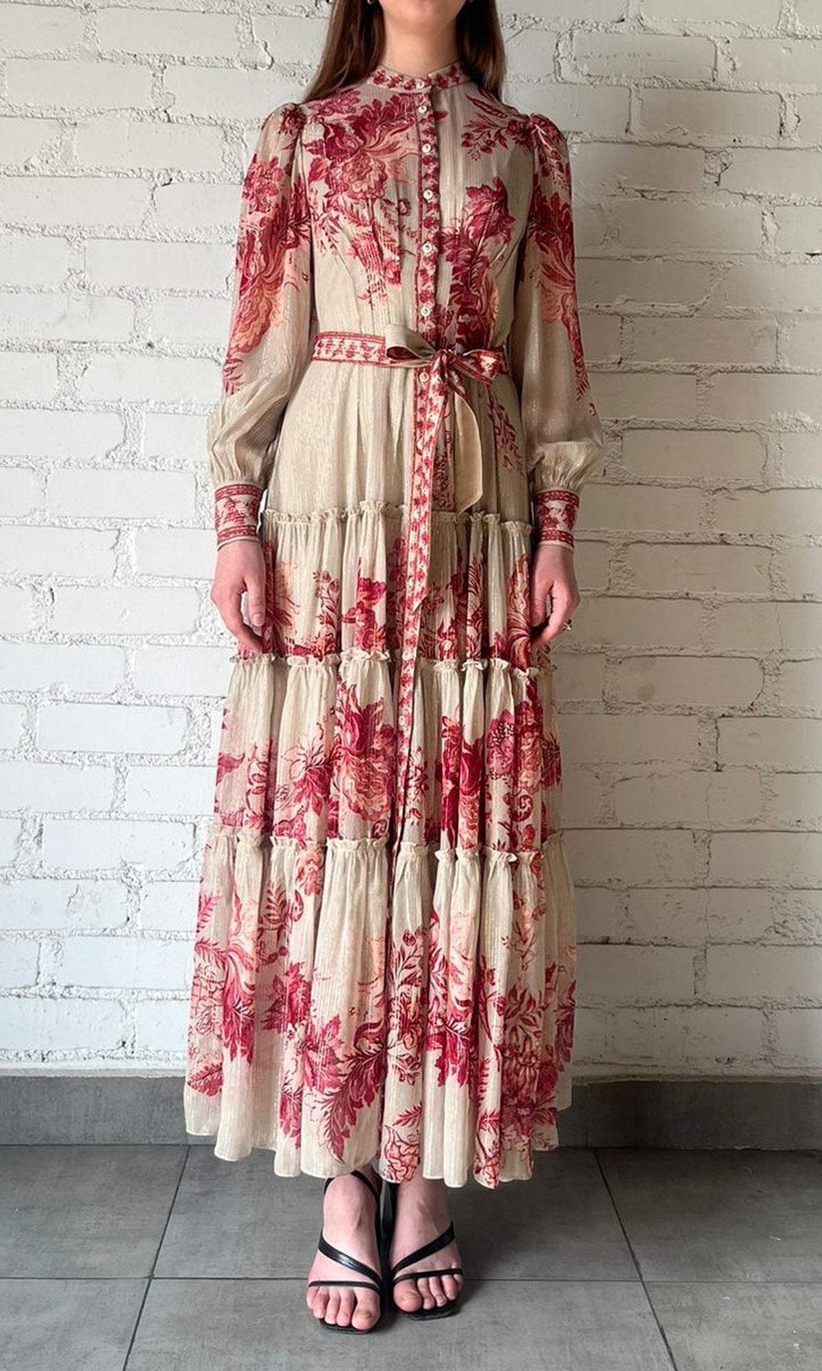 Hemant And Nandita | Aafa Viscose Georgette Stripe Lurex Long Shirt Dress | Beige