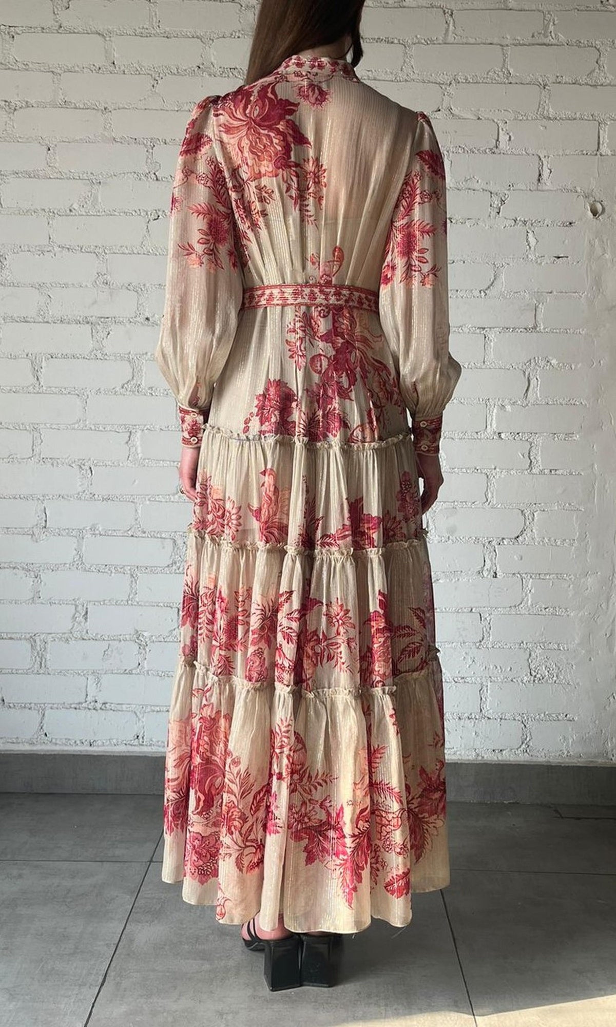 Hemant And Nandita | Aafa Viscose Georgette Stripe Lurex Long Shirt Dress | Beige