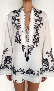 Womens | Aahi Linen Cotton Drop Shoulder Collared Tunic | Black/White