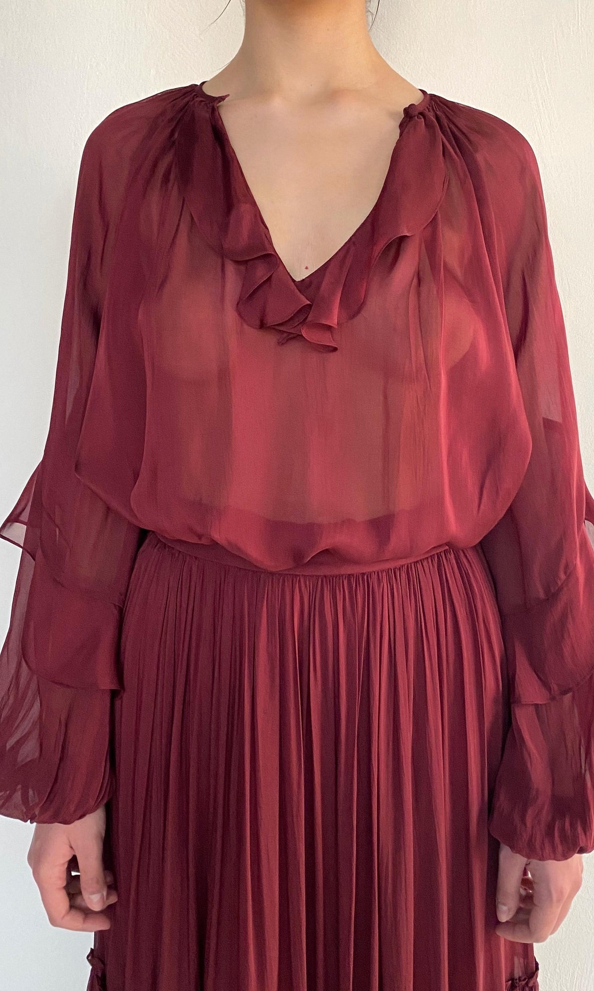 Womens | Aayu Viscose Flat Chiffon Ruffled Top | Burgundy