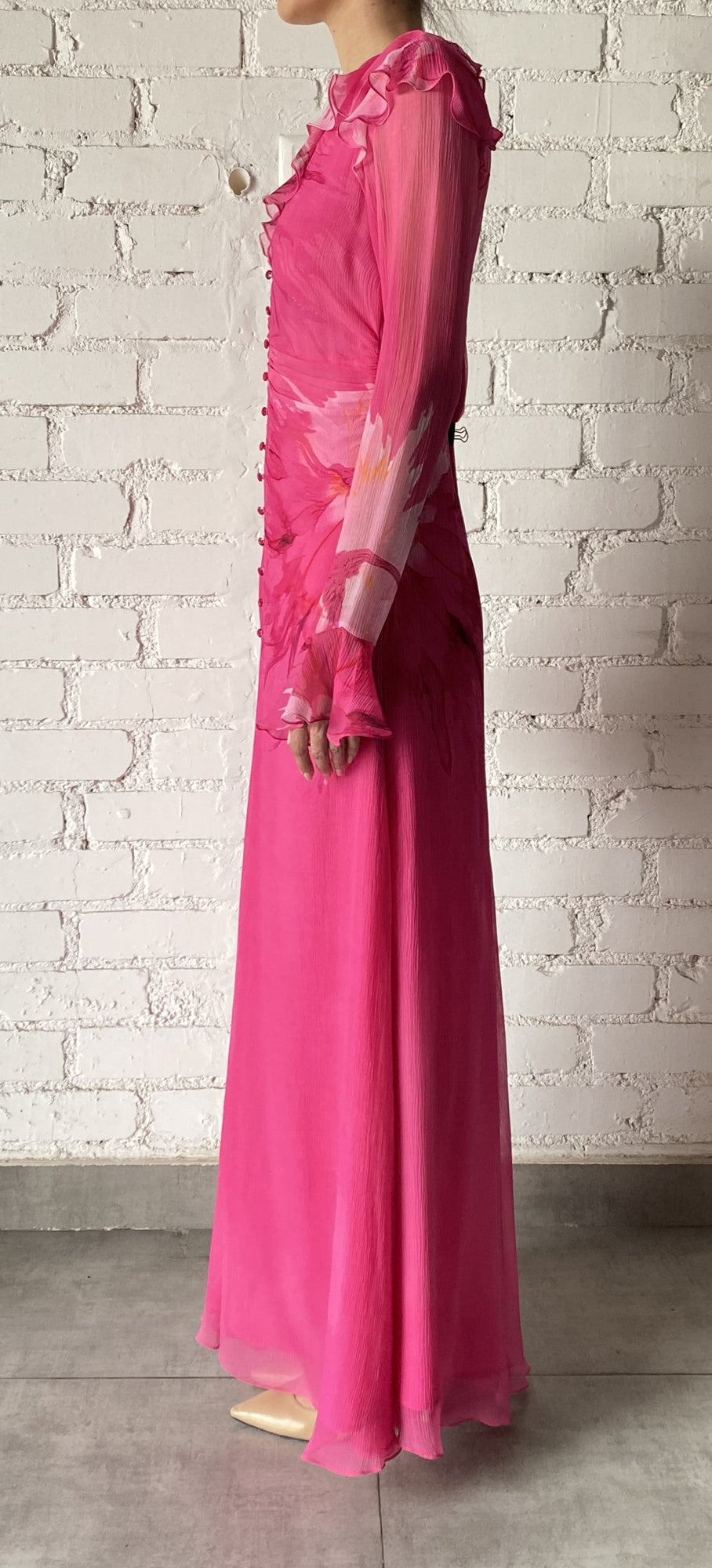 Viscose Crinkle Chiffon Long Dress | Pink