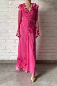 Viscose Crinkle Chiffon Long Dress | Pink