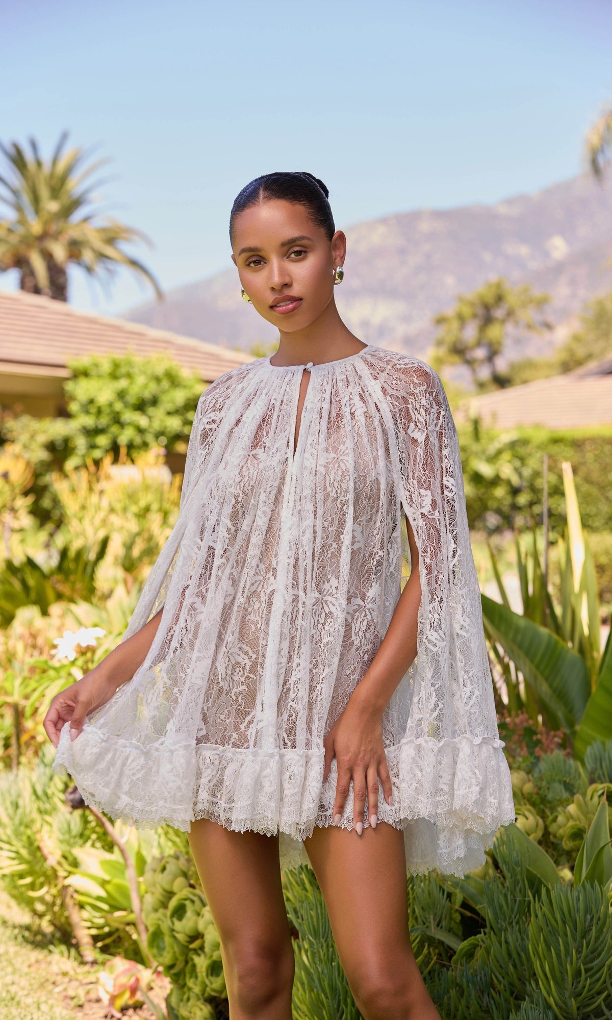 Womens | Adra Nylon Flower Mini Cape With Slip | Off White