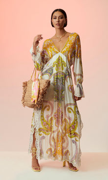 Womens | Agra Viscose Crepe Geometrical Jacquard Kaftan | Off White