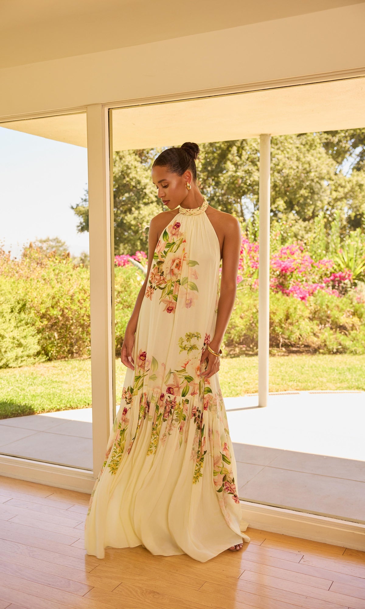 Hemant And Nandita | Aiva Viscose Natural Crepe Long Dress | Ivory Floral