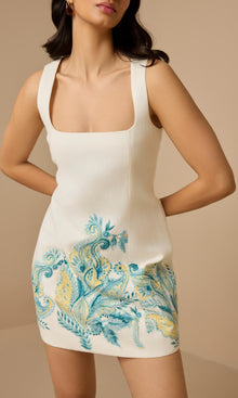Hemant And Nandita | Amari Linen Cotton Square Neck Mini Dress | White Floral