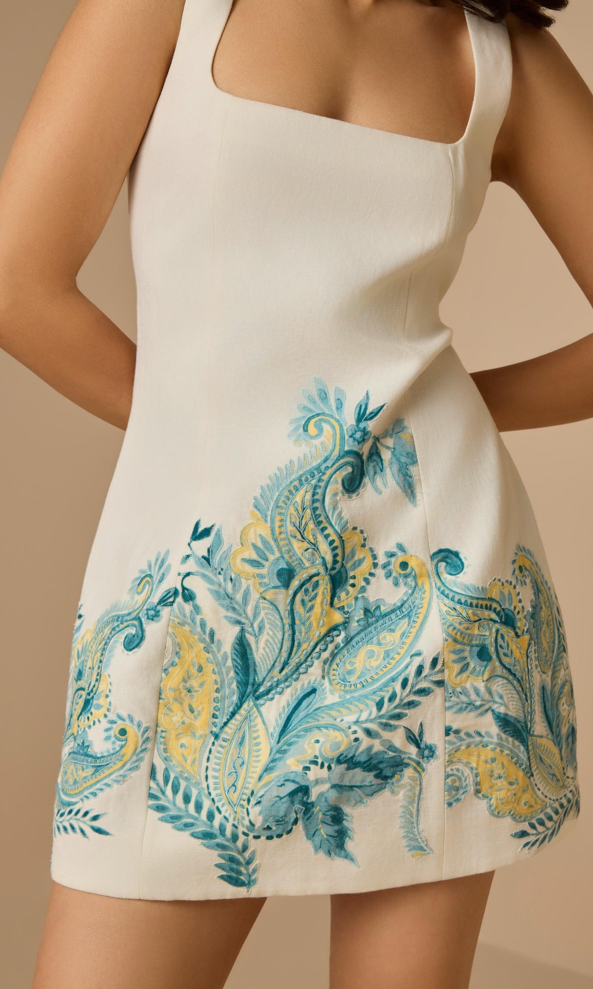 Hemant And Nandita | Amari Linen Cotton Square Neck Mini Dress | White Floral