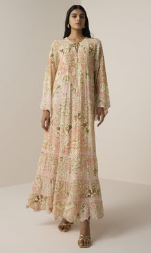 Hemant And Nandita | Anah Viscose Natural Crepe Maxi Tiered Dress | Peach
