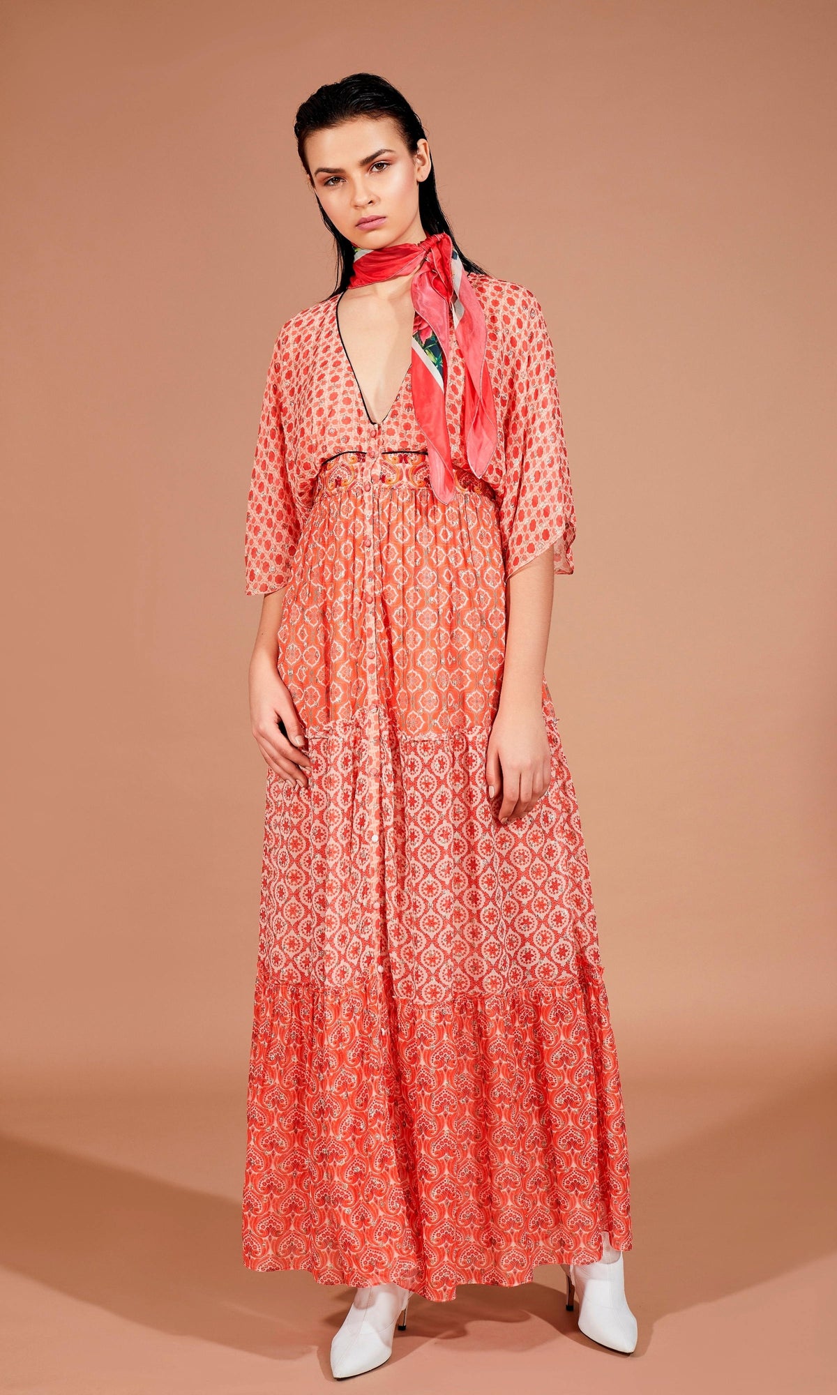 Hemant And Nandita | Anam Viscose Georgette Lurex Dobby Long Dress | Orange
