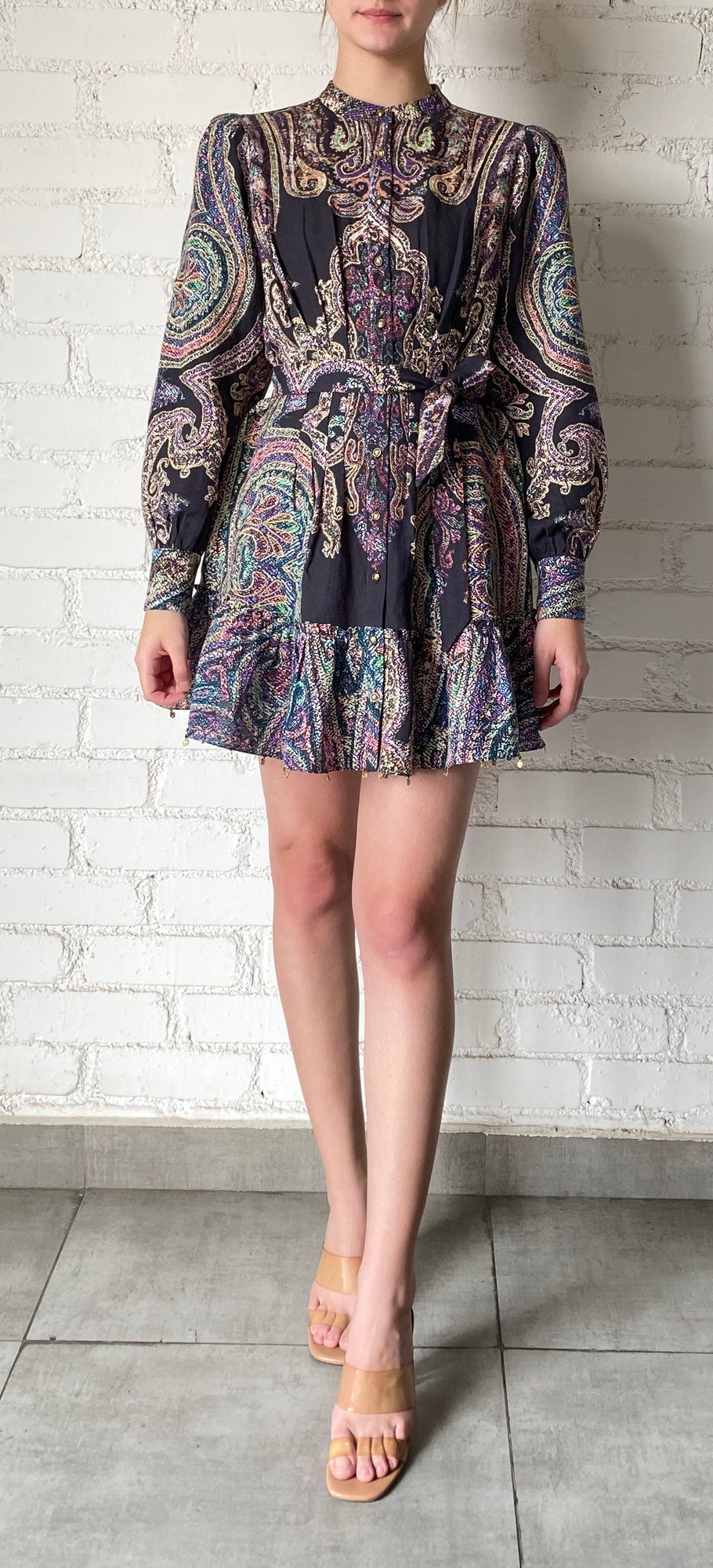 Hemant & Nandita | Akra Round-Neck Button-Down Short Dress | Black Multi