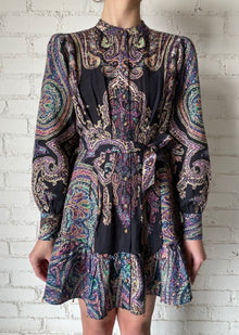 Hemant & Nandita | Akra Round-Neck Button-Down Short Dress | Black Multi