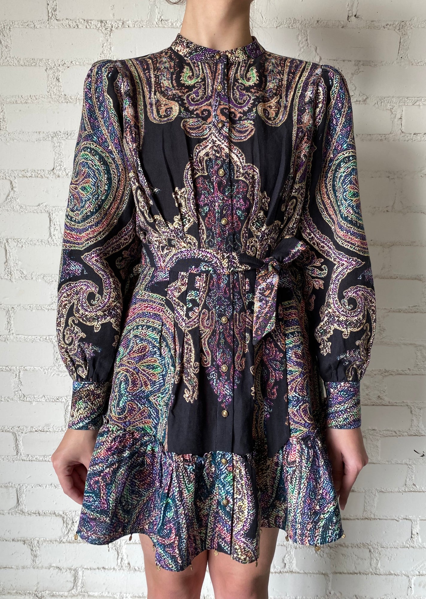 Hemant & Nandita | Akra Round-Neck Button-Down Short Dress | Black Multi