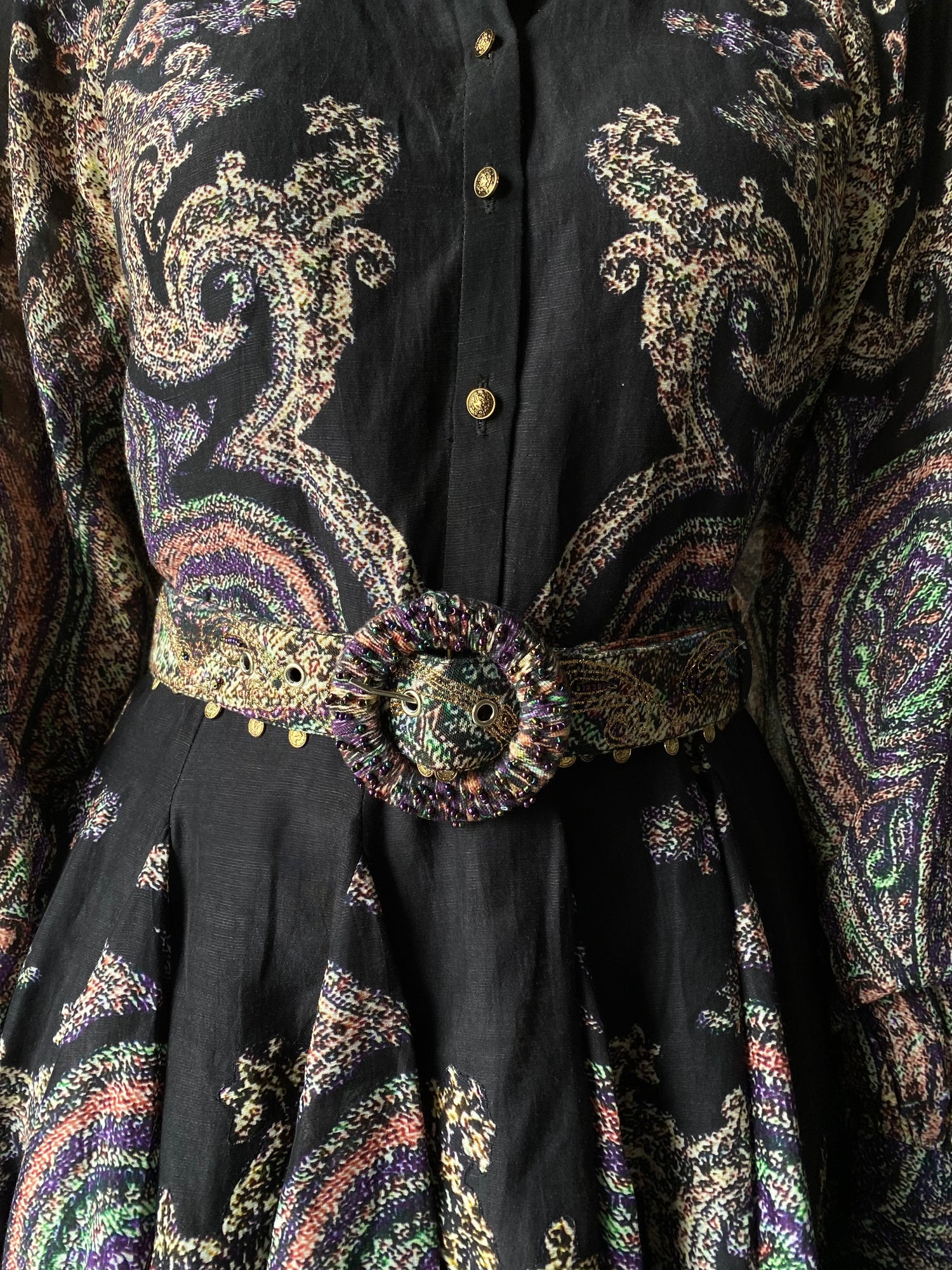 Hemant & Nandita | Akra Collared Button-Down Belted Short Dress | Black Multi