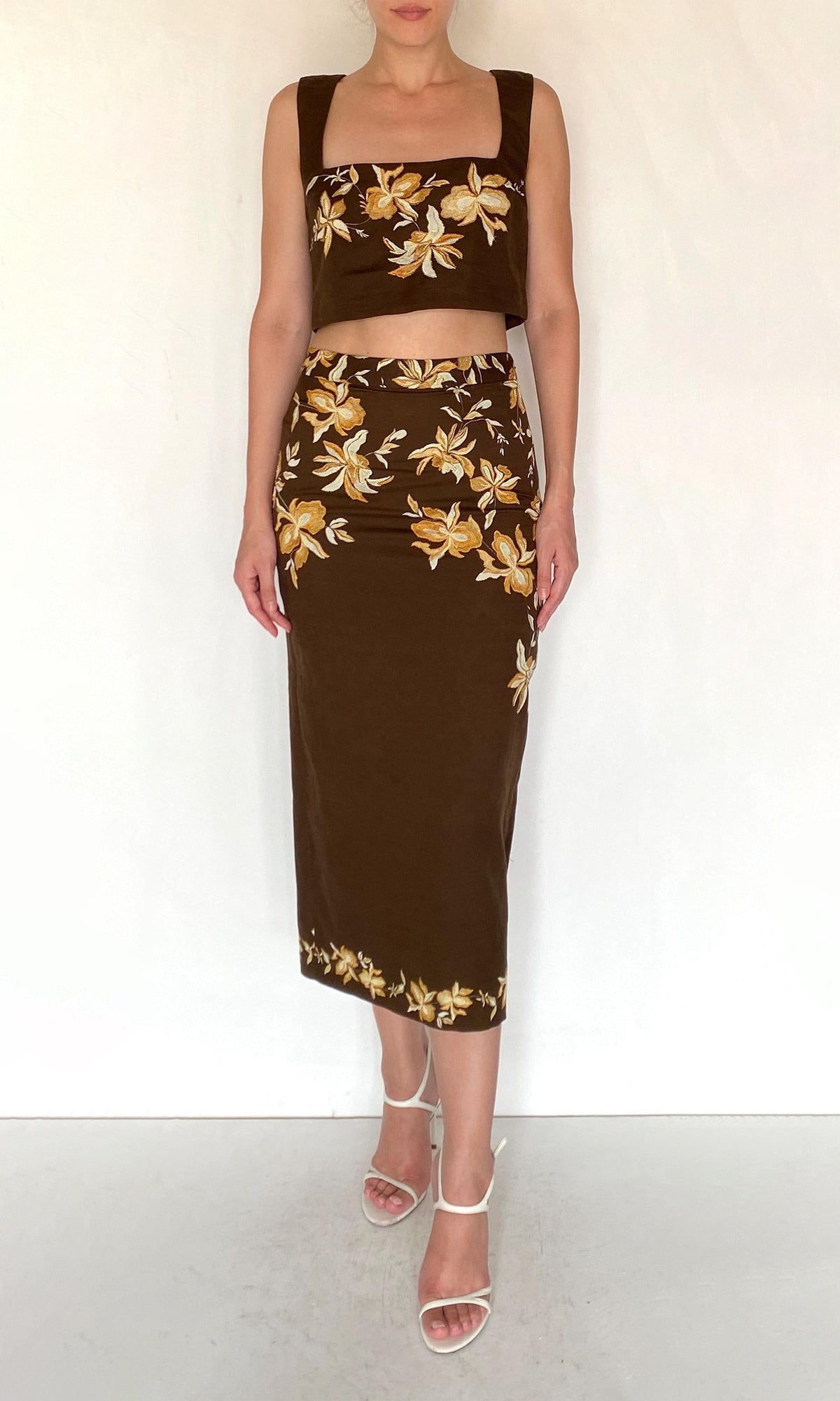 Hemant And Nandita | Bota Linen Cotton Fitted Midi Skirt | Brown