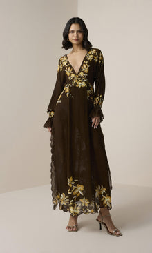 Womens | Bota Viscose Flower Jacquard Maxi Kaftan With Printed Slip | Brown
