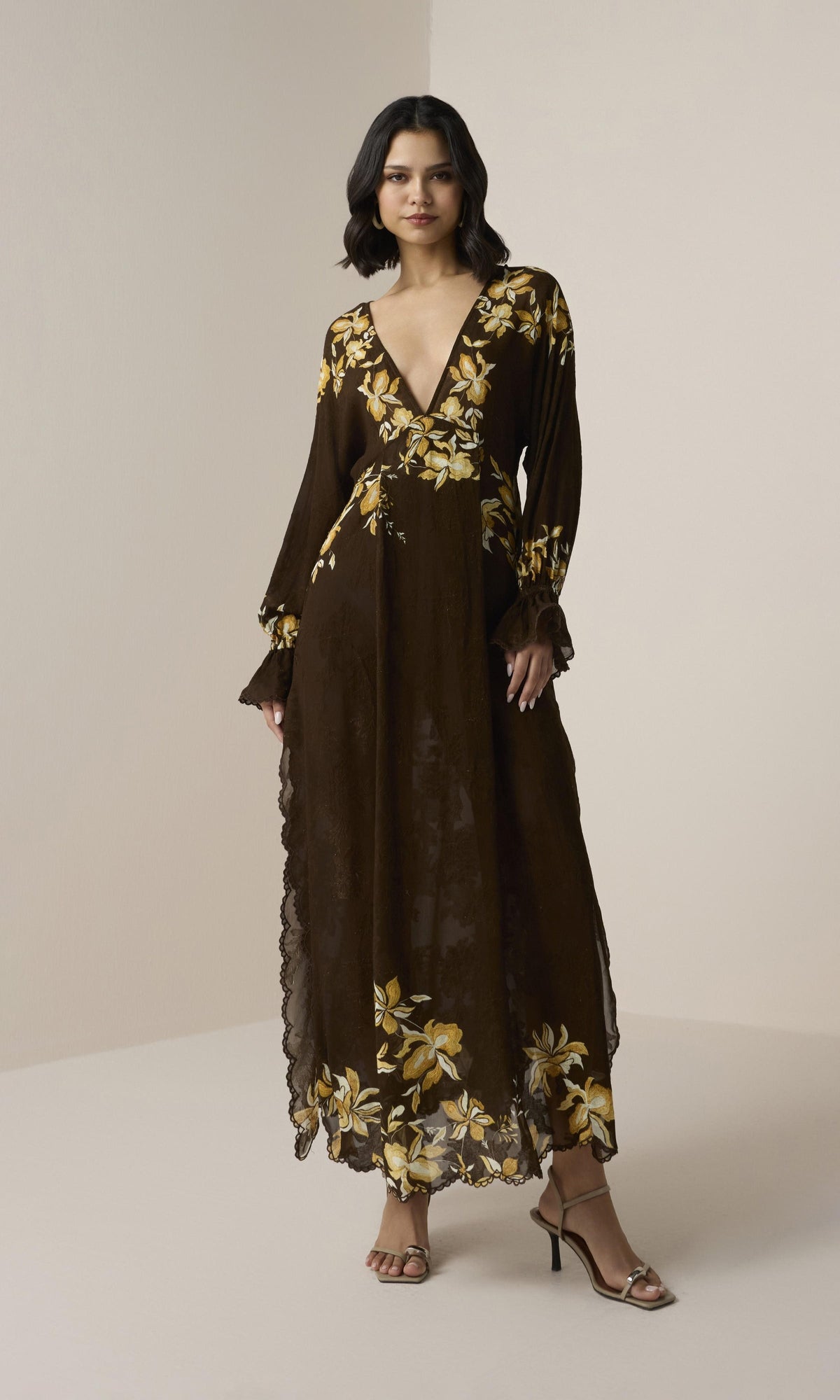Womens | Bota Viscose Flower Jacquard Maxi Kaftan With Printed Slip | Brown