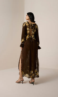Womens | Bota Viscose Flower Jacquard Maxi Kaftan With Printed Slip | Brown
