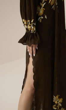 Womens | Bota Viscose Flower Jacquard Maxi Kaftan With Printed Slip | Brown