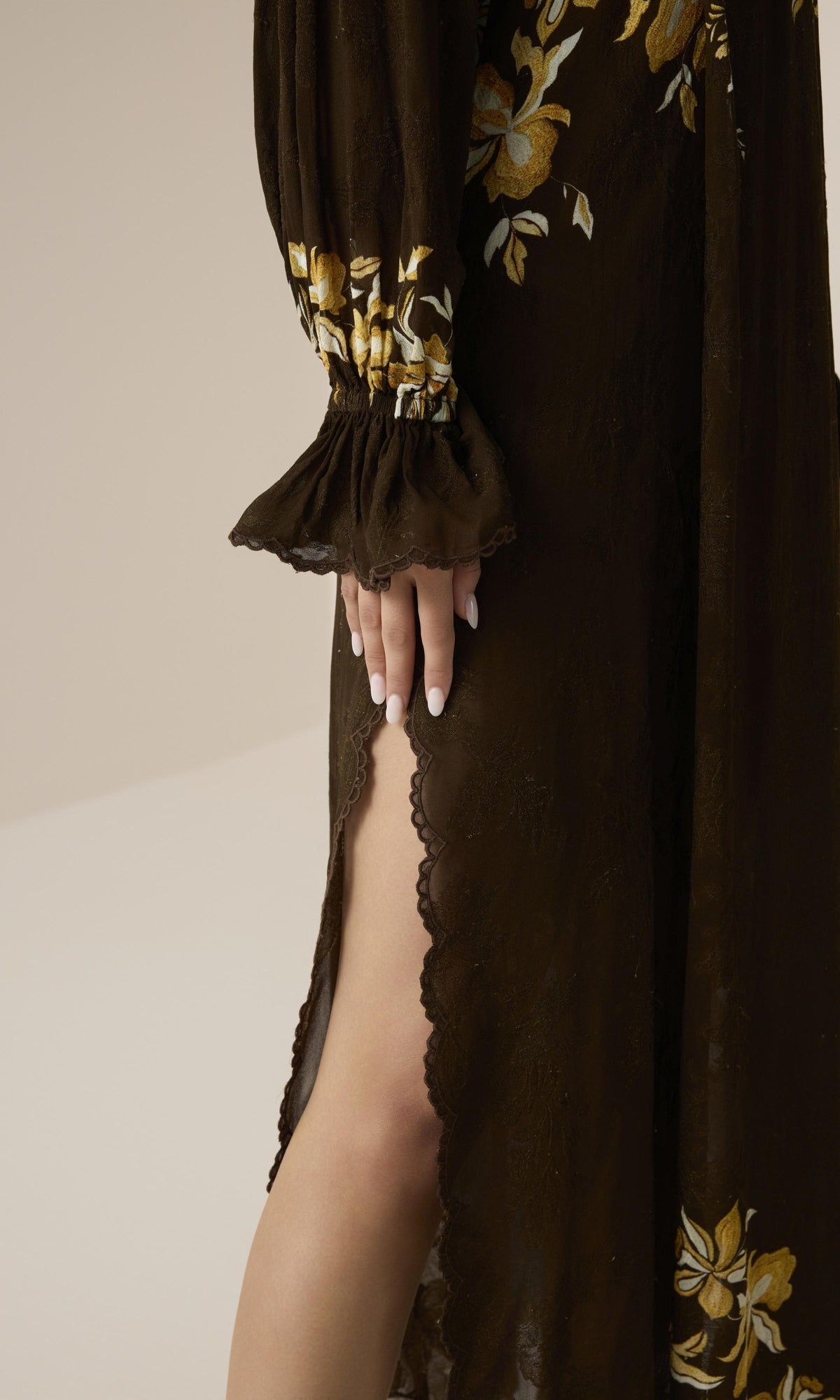 Womens | Bota Viscose Flower Jacquard Maxi Kaftan With Printed Slip | Brown