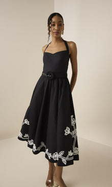 Hemant And Nandita | Daha Cotton Poplin Midi Dress With Buckle Belt | Black White