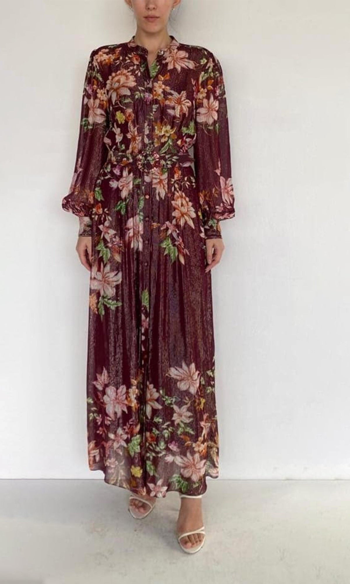 Hemant And Nandita | Elza Stripe Lurex Fabric Shirt Dress | Burgundy