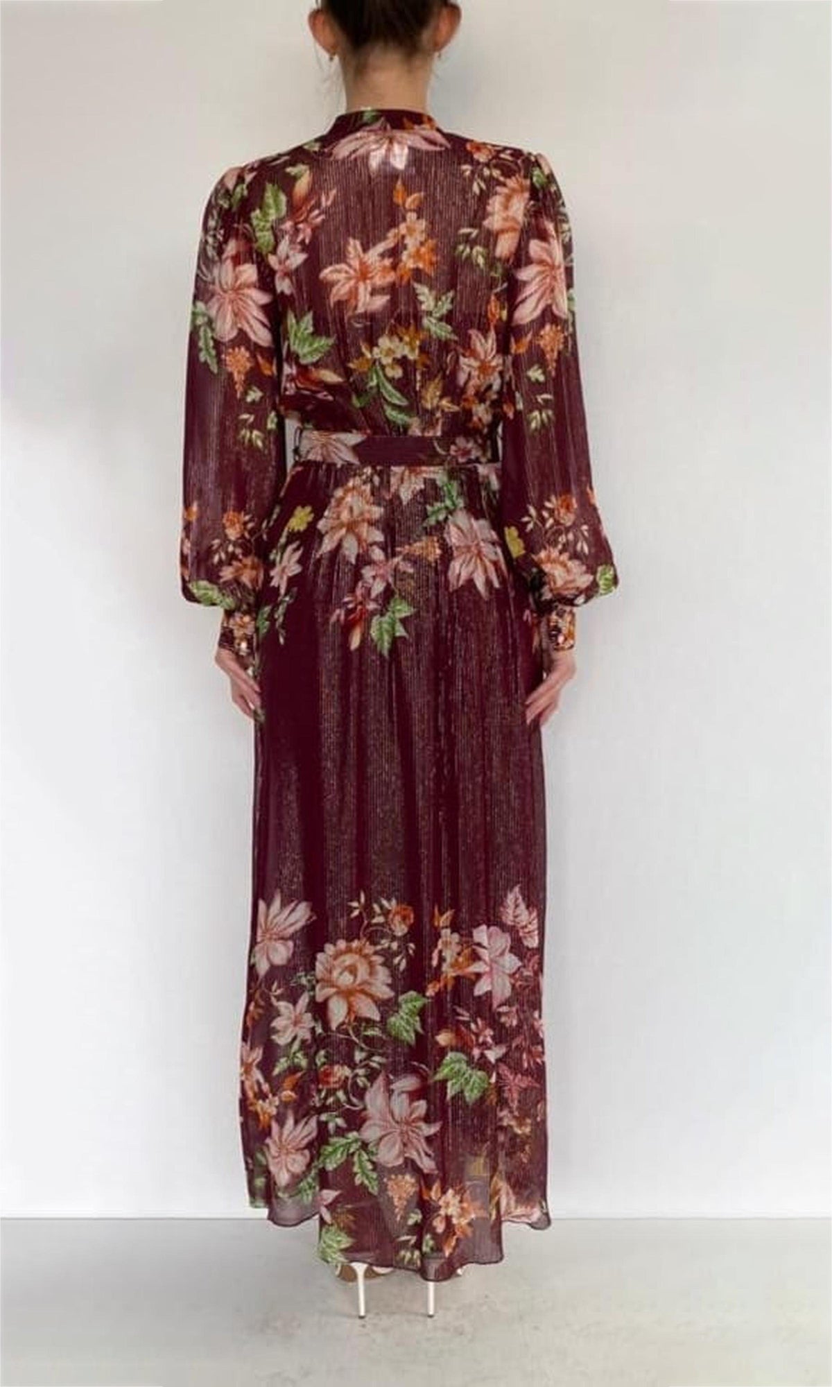 Hemant And Nandita | Elza Stripe Lurex Fabric Shirt Dress | Burgundy
