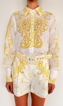 Hemant And Nandita | Fiza Cotton Shorts With Buckle Belt | White Yellow