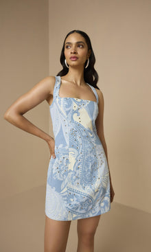 Womens | Fiza Cotton Twill Square Neck Mini Dress | Powder Blue
