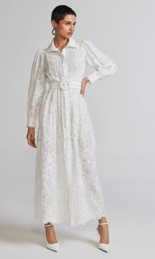 Hemant And Nandita | Ilara Viscose Nylon Jacquard Long Shirt Dress With Buckle Belt And Slip | White