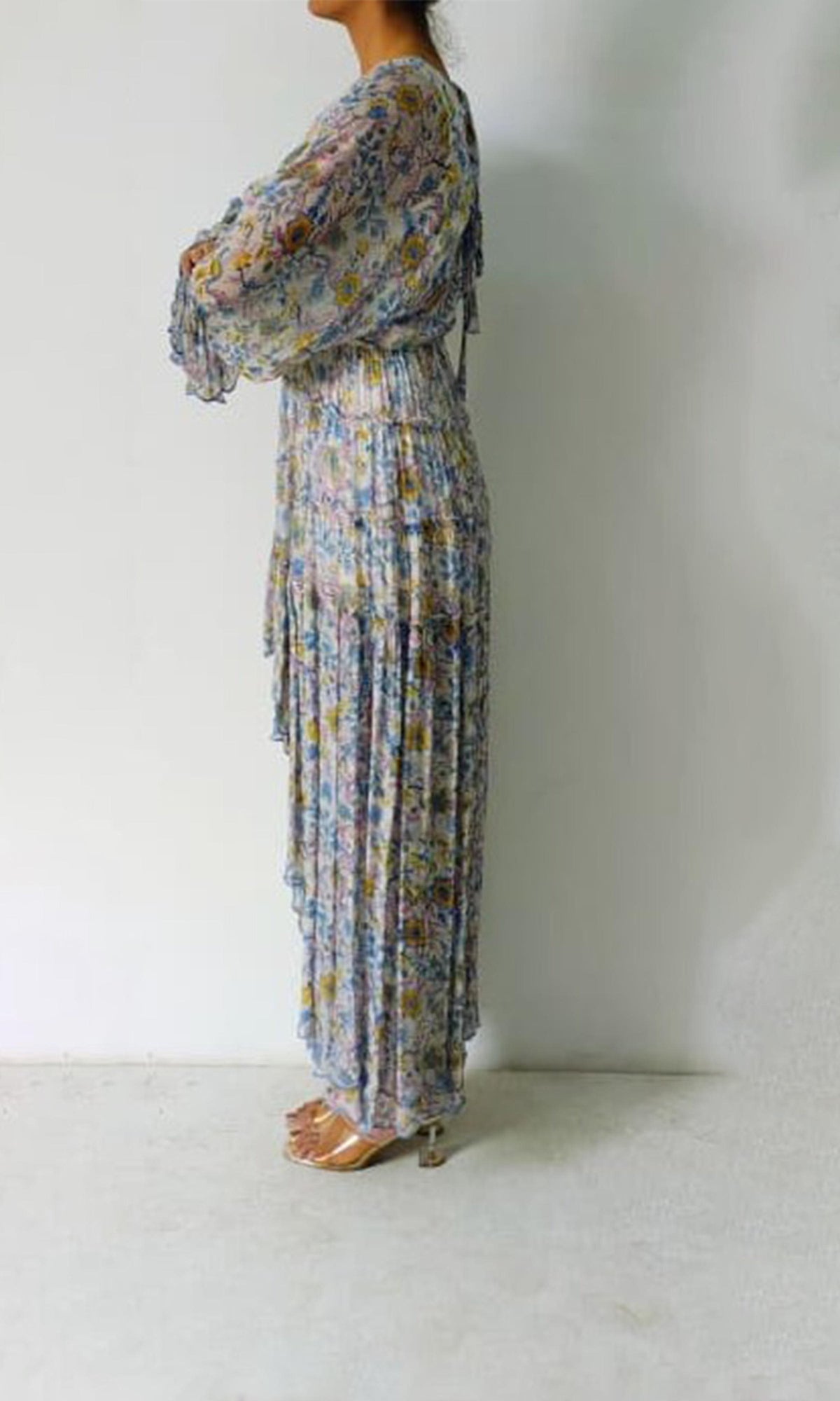 Womens | Inv Viscose Shiffone Deep Neck Long Dress | Light Blue