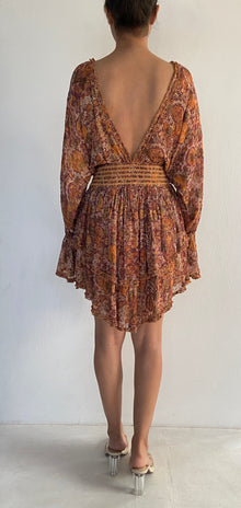 Hemant & Nandita | Deep V-Neck Long-Sleeve Floral Print Short Dress | Brown