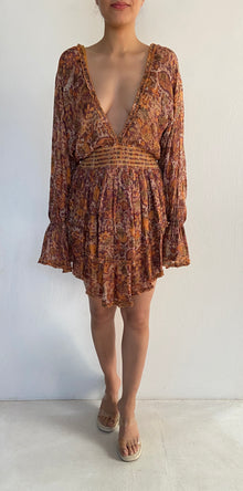 Hemant & Nandita | Deep V-Neck Long-Sleeve Floral Print Short Dress | Brown