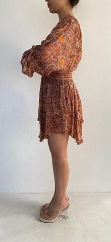 Hemant & Nandita | Deep V-Neck Long-Sleeve Floral Print Short Dress | Brown