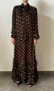 Womens | Inv Viscose Flat Chiffone Polka Dot Print Long Dress | Dark Brown