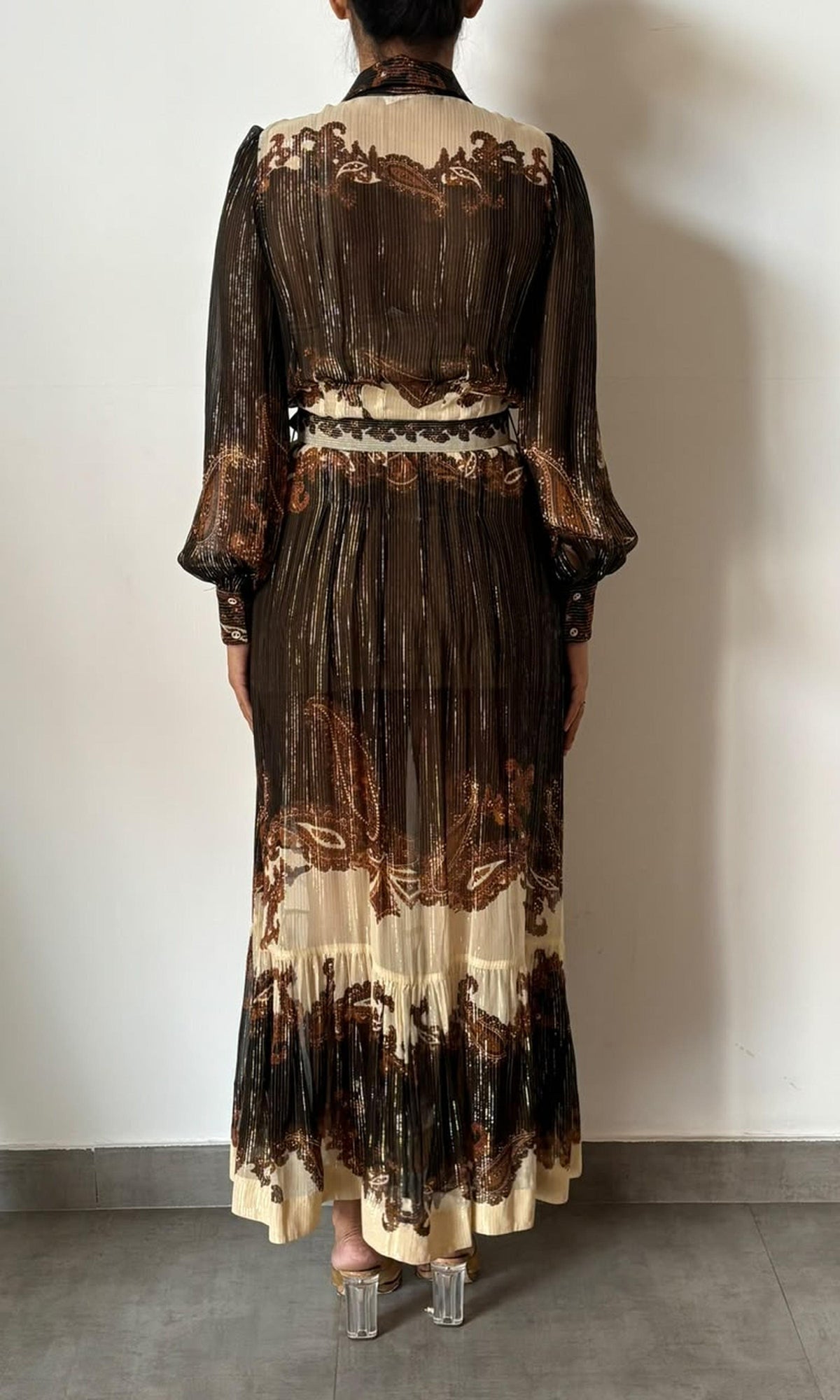 Hemant And Nandita | Inv Viscose Ggt Gold Lurex Stripe Long Shirt Dress | Brown Multi
