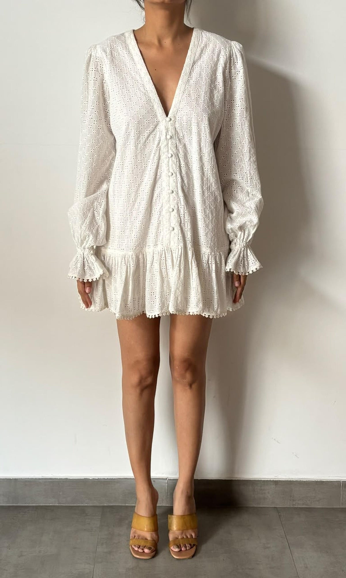 Womens | Inv Cotton Chiffly V - Neck Short Dress | White