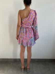 Hemant & Nandita | R One-Should Long-Sleeve Floral Print Short Dress | Pink