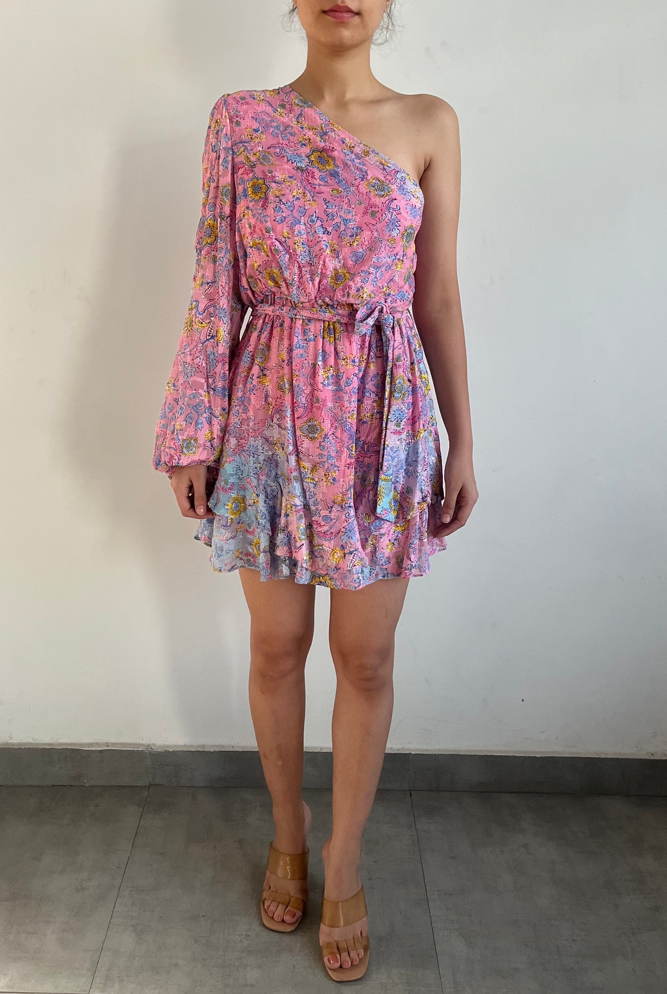 Hemant & Nandita | R One-Should Long-Sleeve Floral Print Short Dress | Pink
