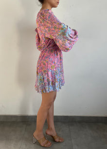 Hemant & Nandita | R One-Should Long-Sleeve Floral Print Short Dress | Pink