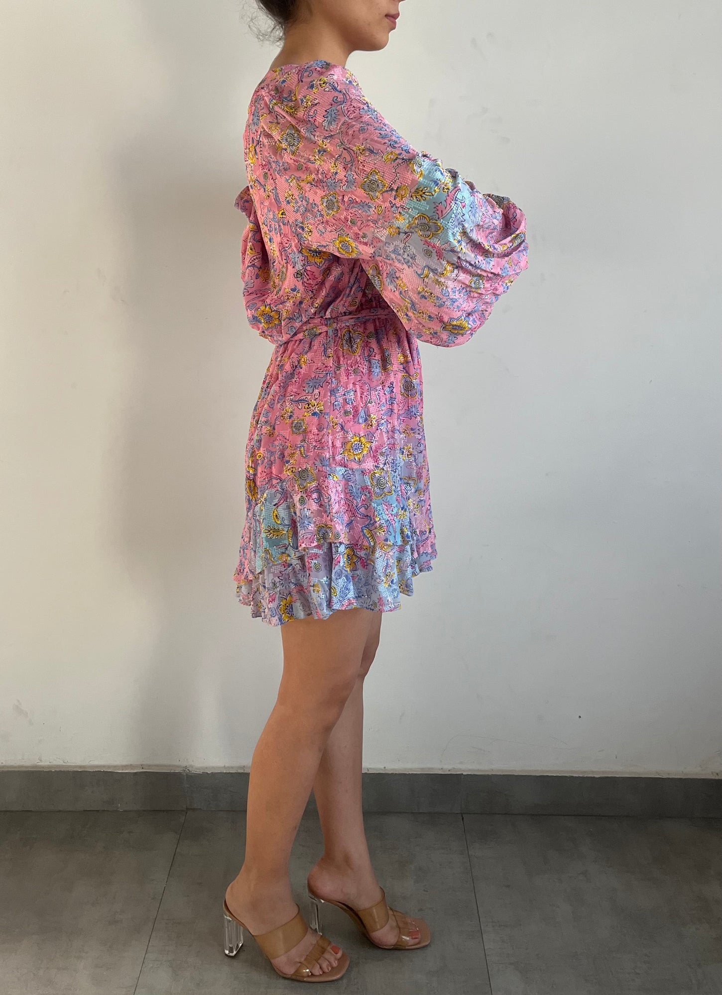Hemant & Nandita | R One-Should Long-Sleeve Floral Print Short Dress | Pink