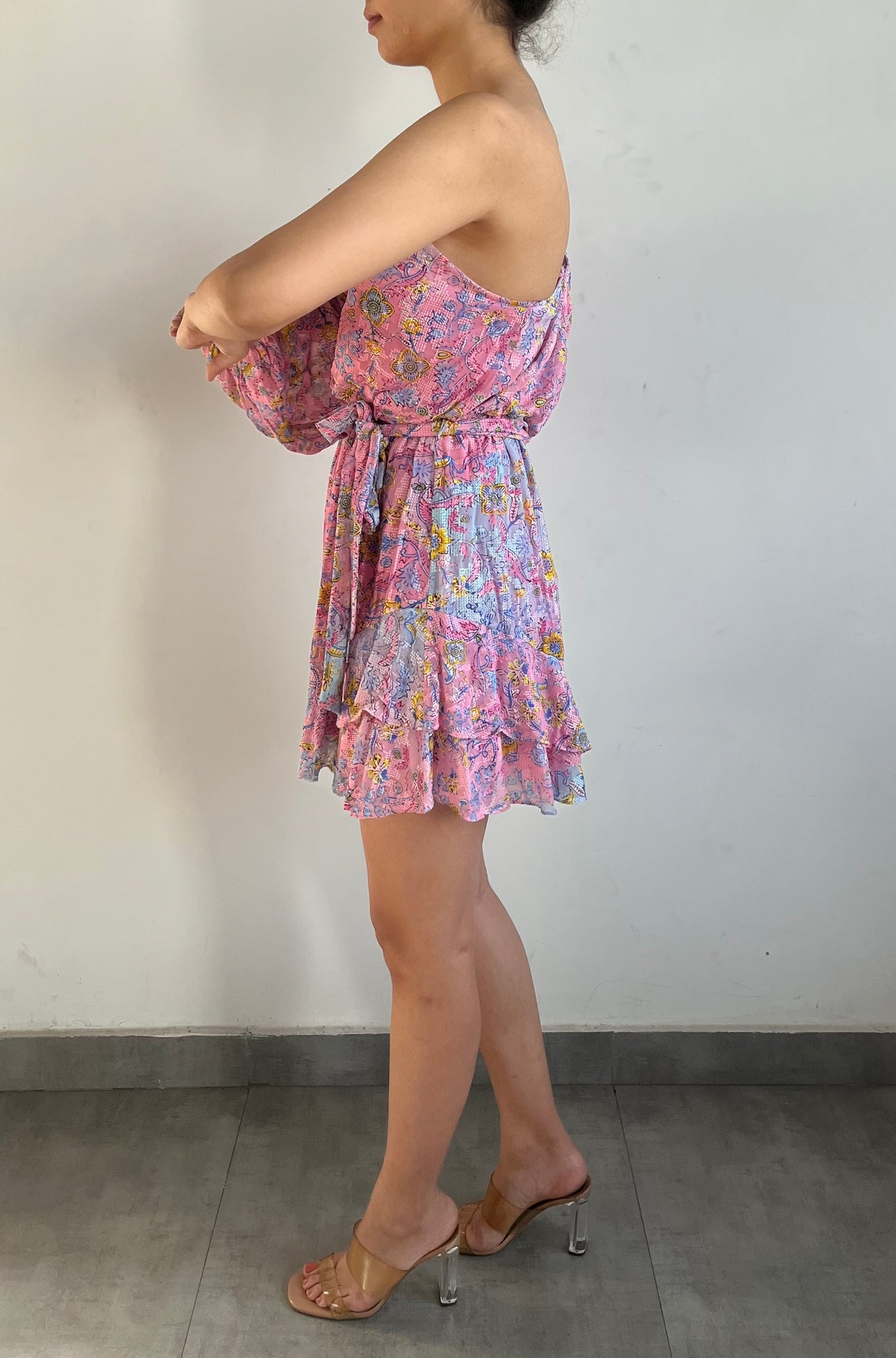 Hemant & Nandita | R One-Should Long-Sleeve Floral Print Short Dress | Pink
