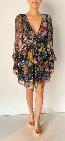 Hemant & Nandita | V-Neck Long-Sleeve Printed Short Dress | Black