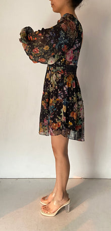 Hemant & Nandita | V-Neck Long-Sleeve Printed Short Dress | Black