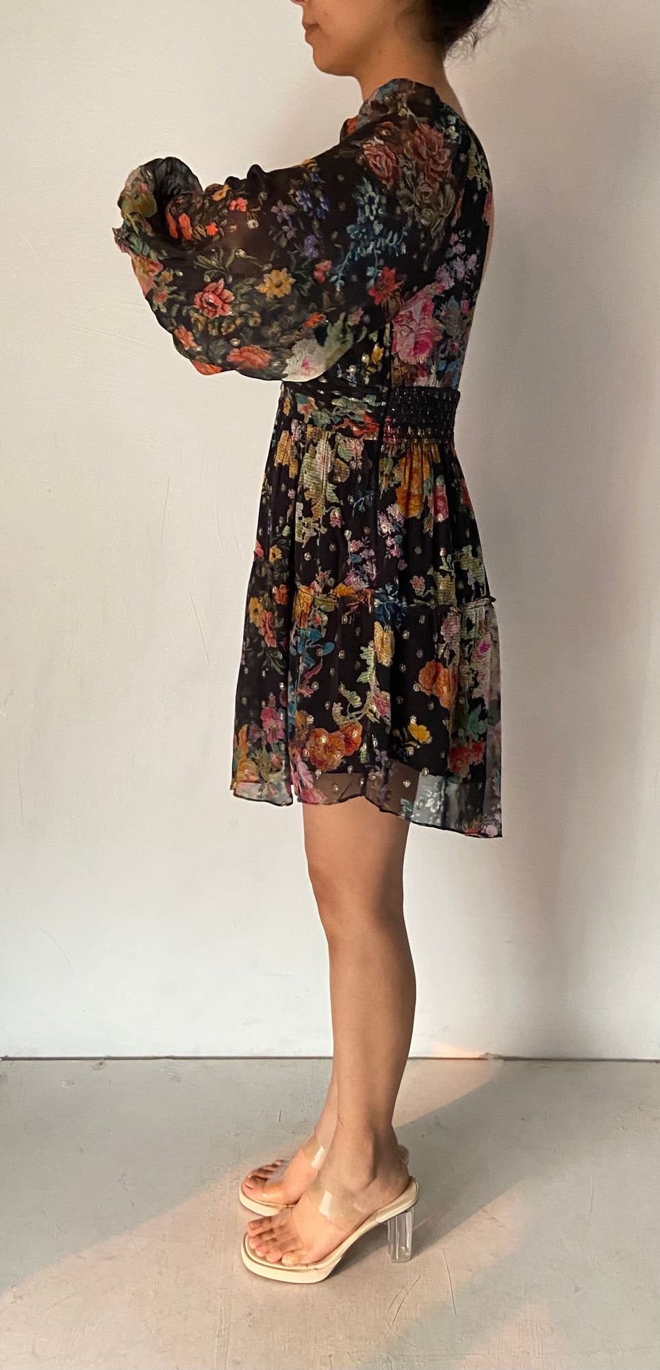 Hemant & Nandita | V-Neck Long-Sleeve Printed Short Dress | Black